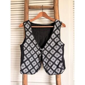 Womens Black Grey Crochet Diamond Knit Vest Waistcoat Wool Blend